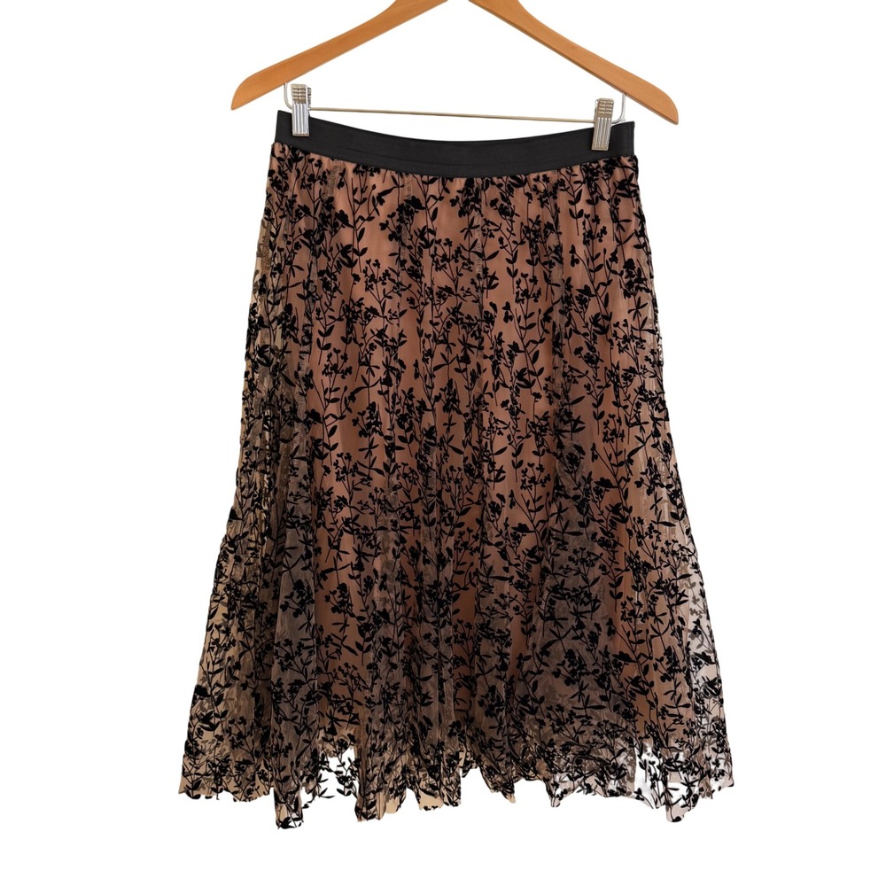 Versona Black Flocked Floral Mesh Midi Skirt Nude Lining Medium A-Line Romantic